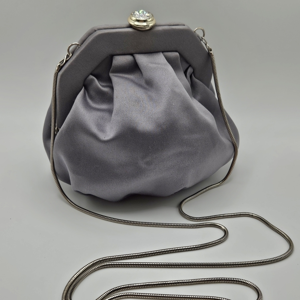 VINTAGE Carla Marchi Gray Satin Rhinestone Clasp Convertible Clutch Shoulder Bag
